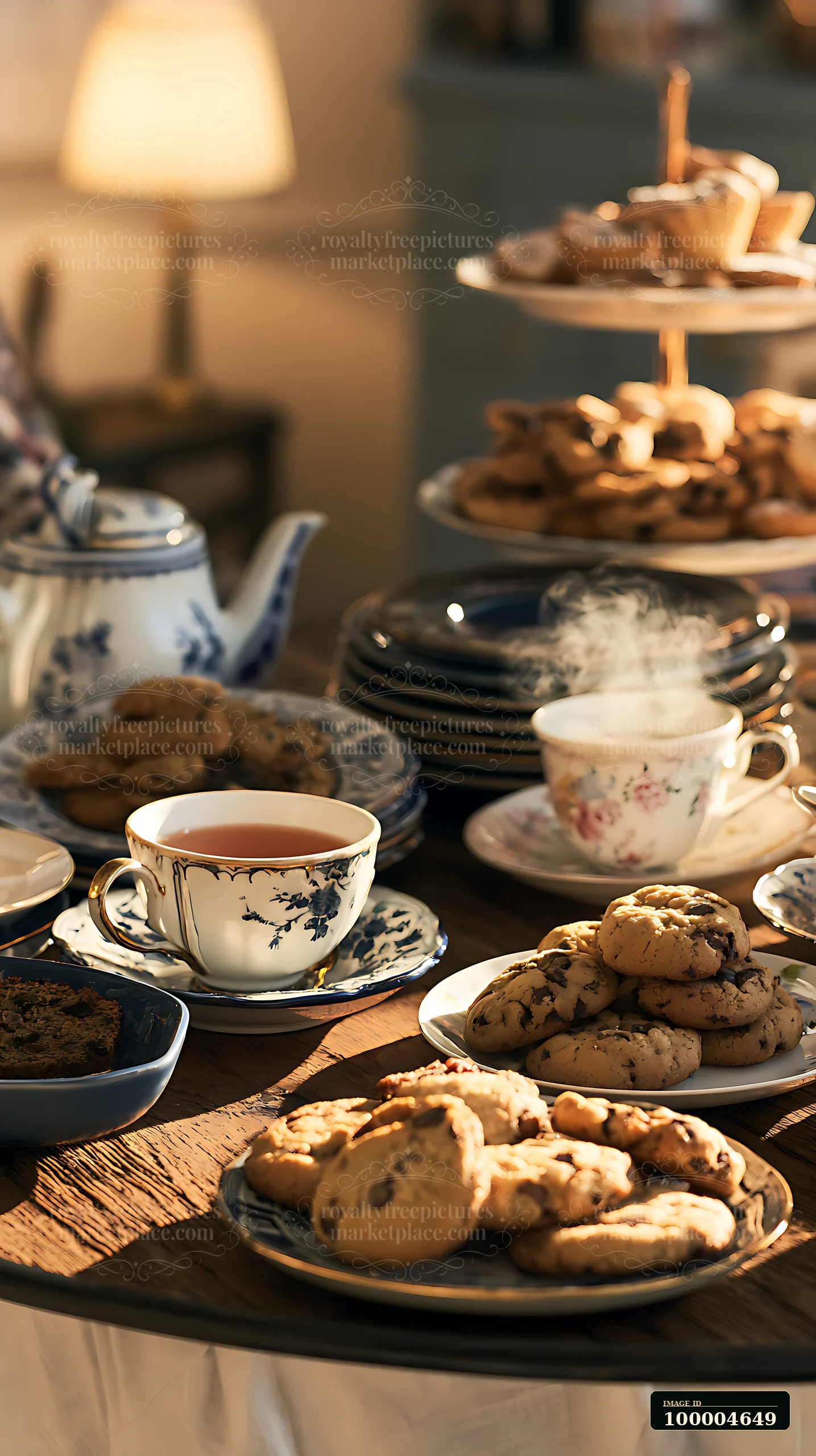 Cookies and pastries surround tea cups and vintage tableware on a warmly lit buffet table.