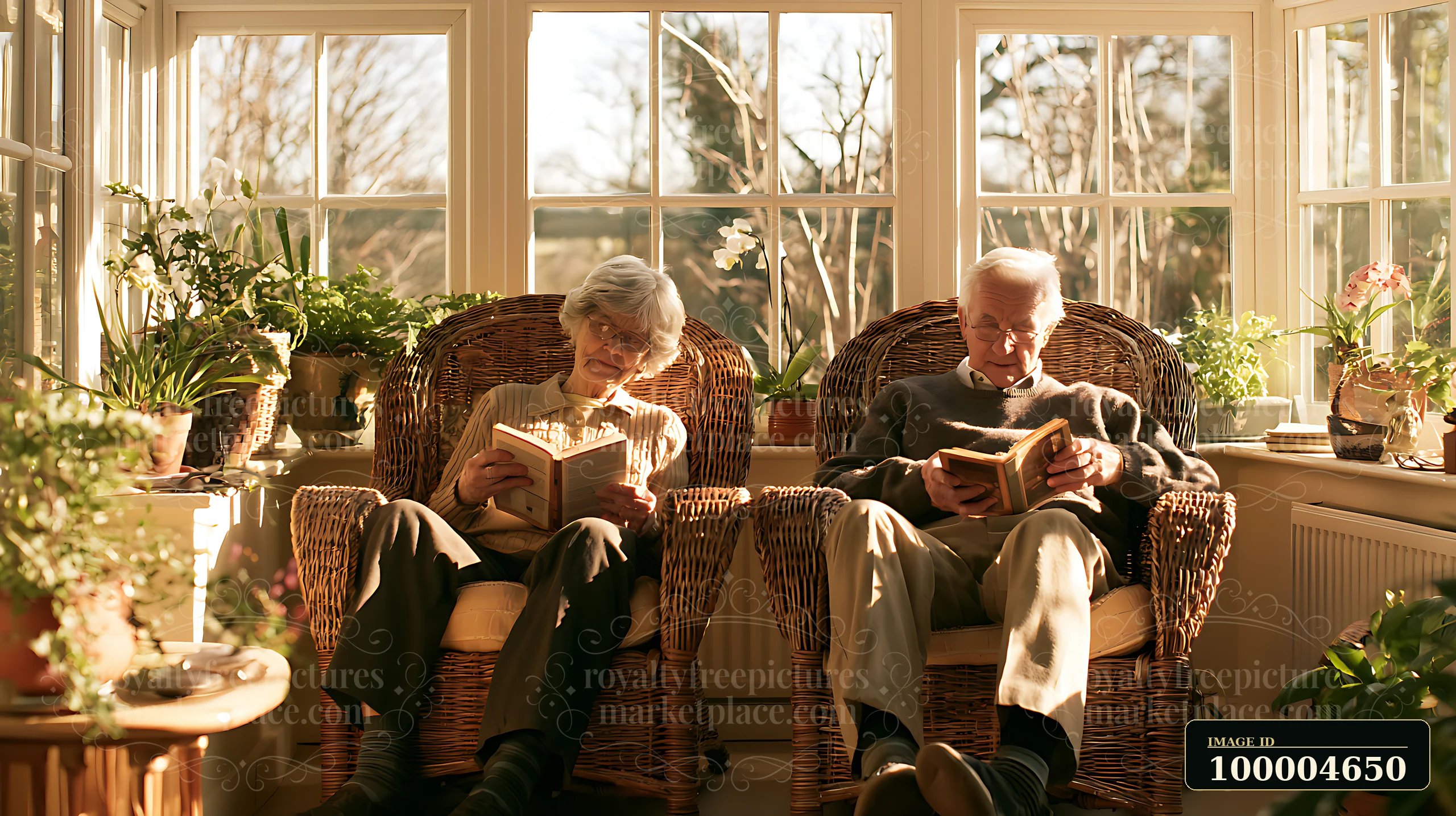 Senior couple sits in wicker chairs reading books together in a bright conservatory filled with plants.