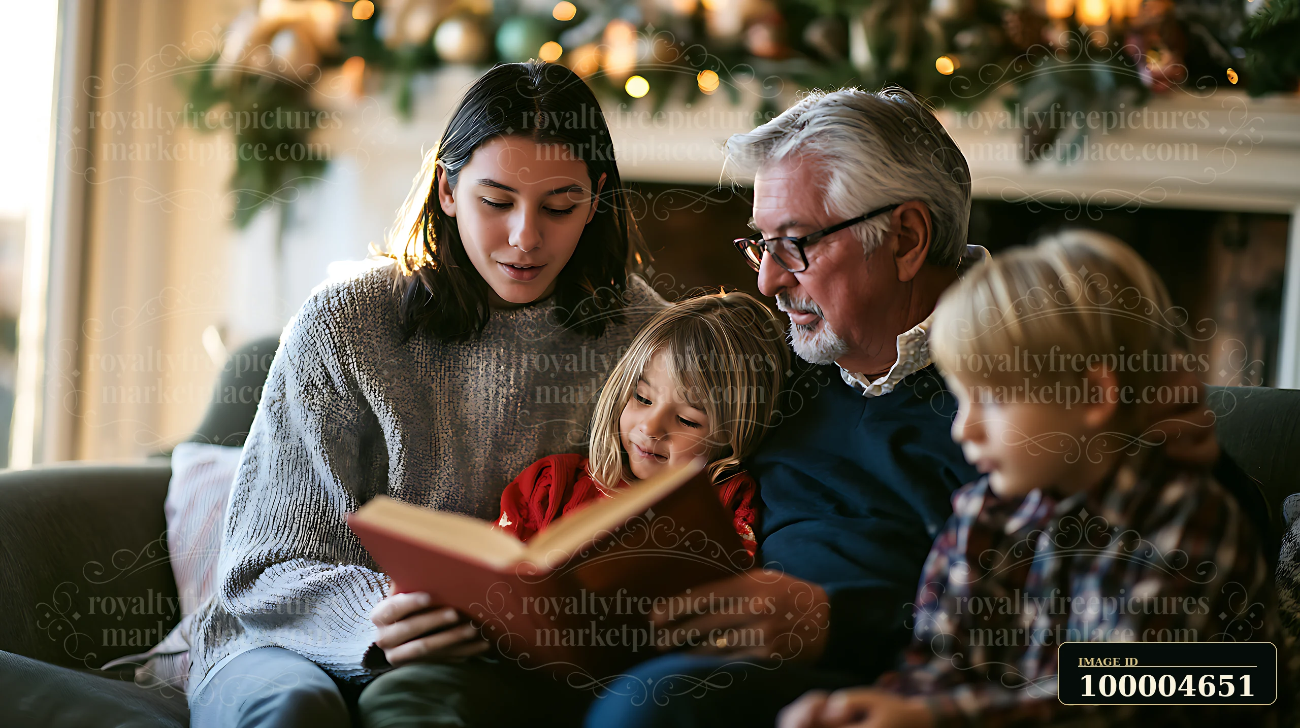 A woman, two children and an elderly man share a cozy moment reading a Christmas story together by the fireplace, surrounded by festive decorations and warm lig