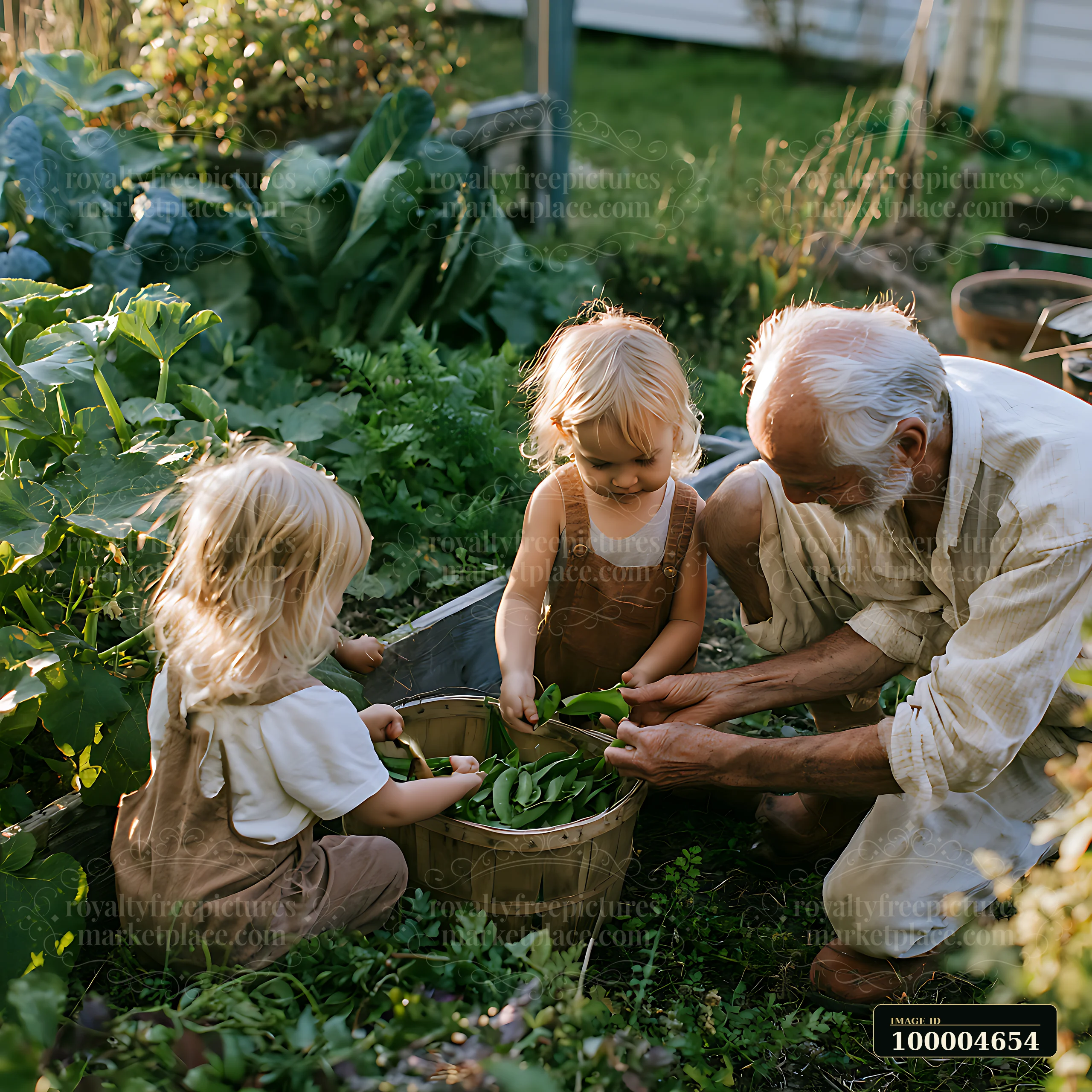 Two blonde children help an elderly man harvest leafy vegetables in a sunny garden.