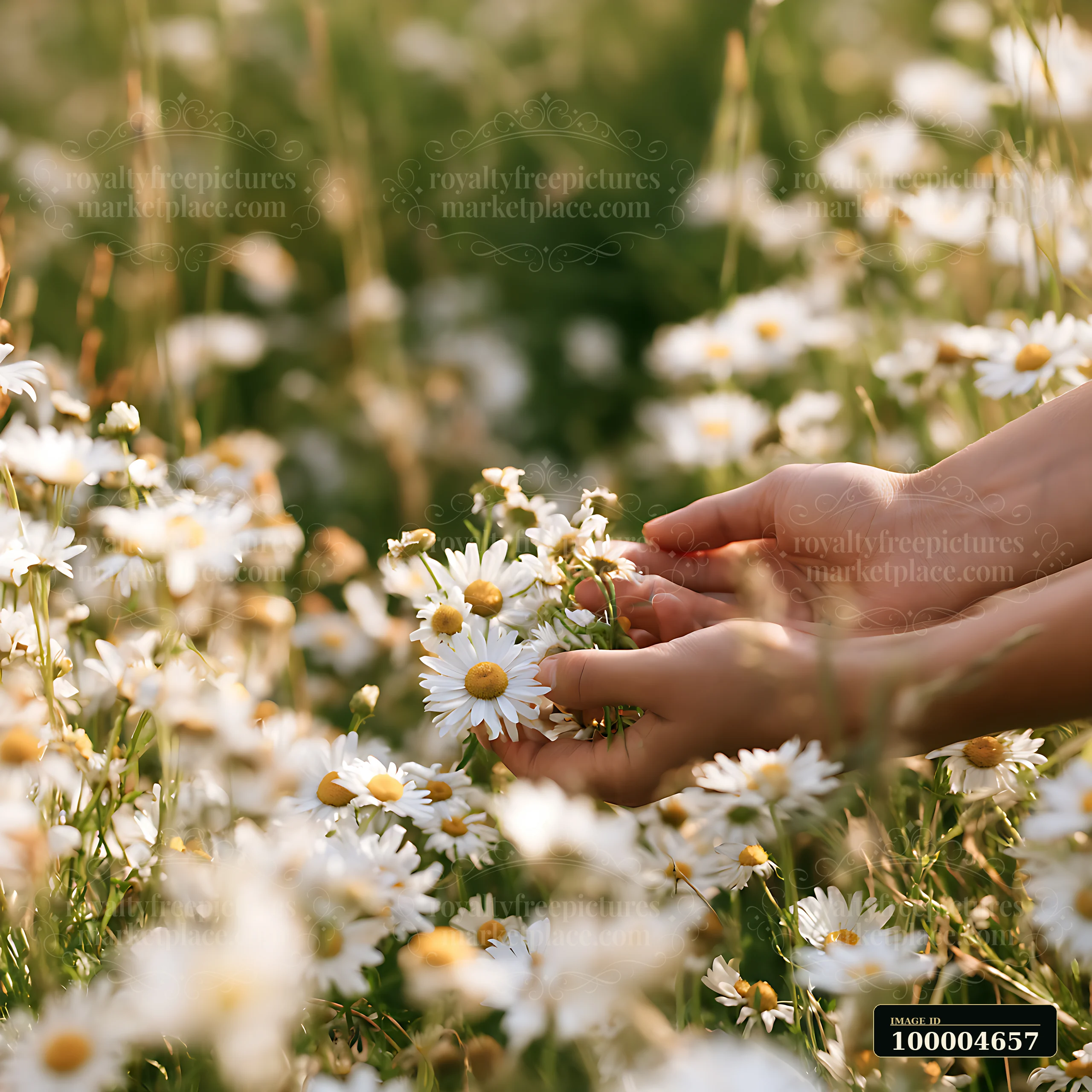 A person picks flowers in a wildflower meadow filled with daisies on a sunny day.