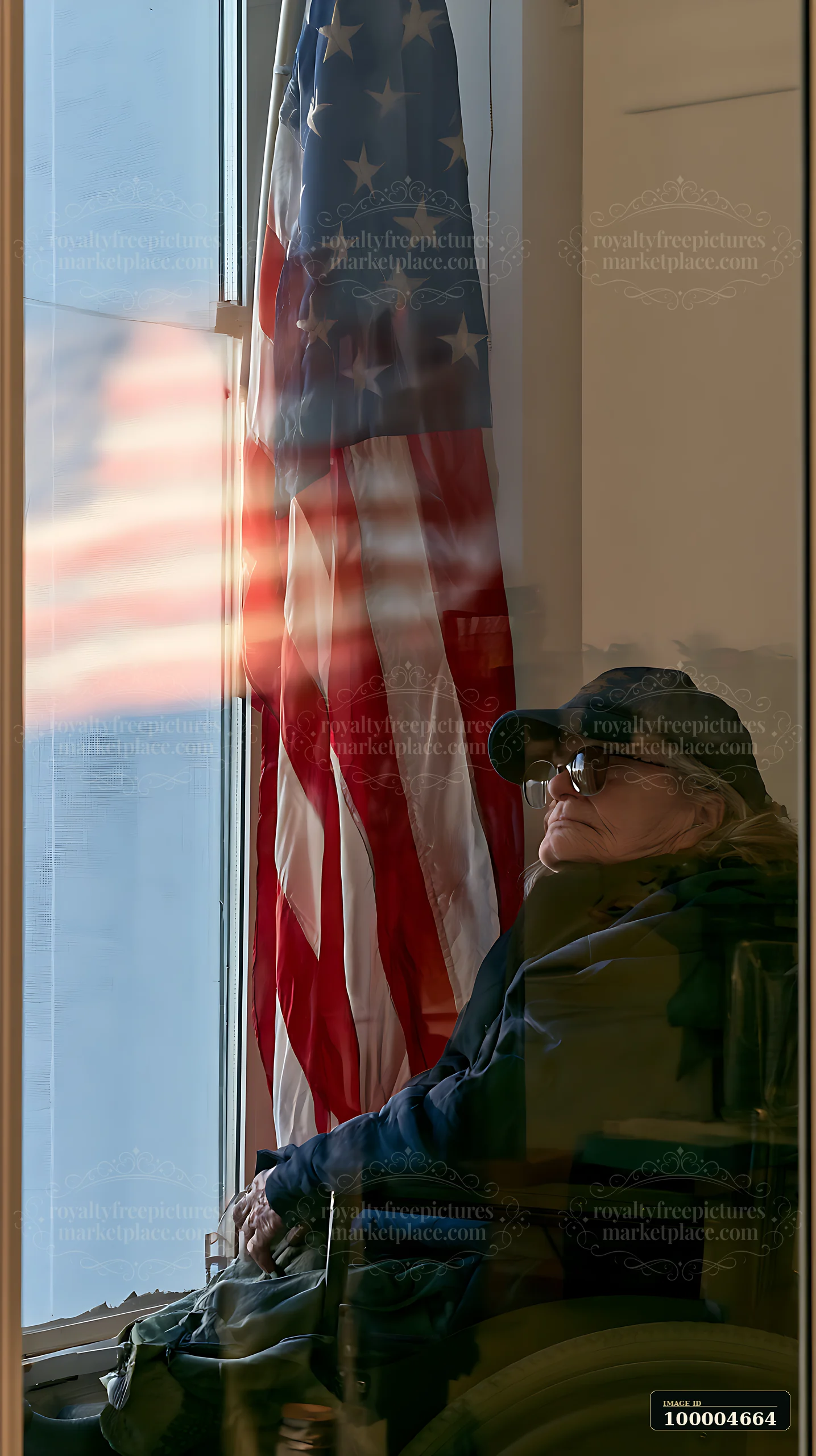 A person in a wheelchair sits by a window, with a flag visible in the background.