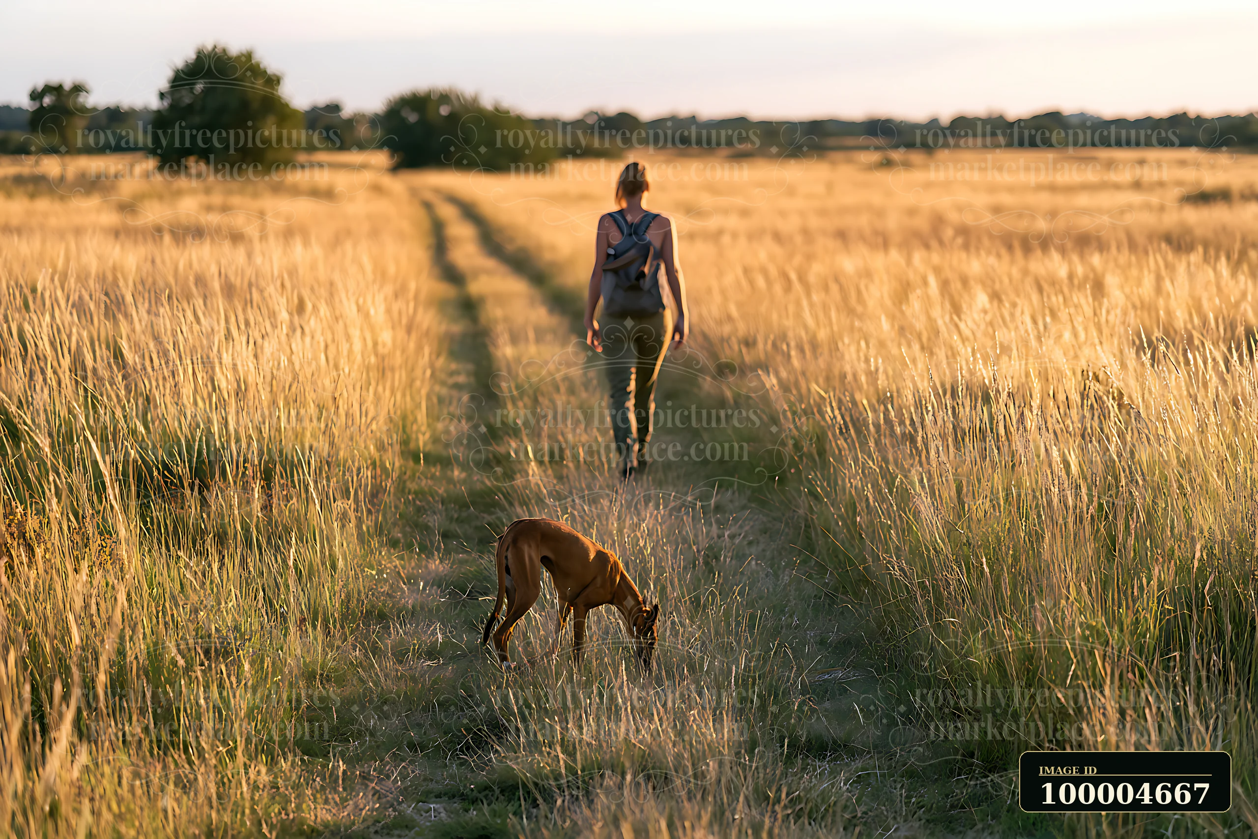 A person walks down a dirt trail with an Azawakh dog in tall grass during sunset.