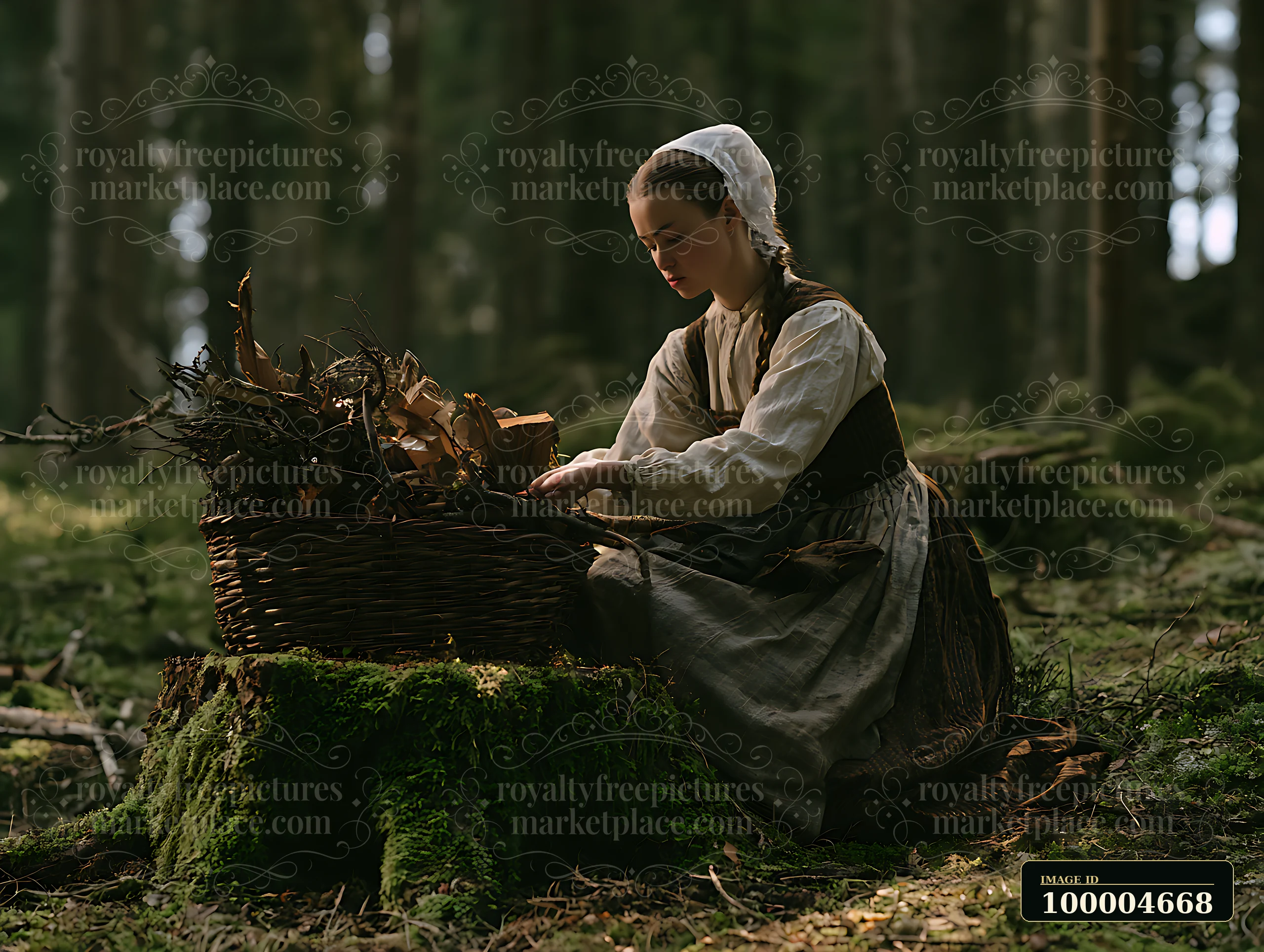 A woman in a folk costume gathers firewood in a woodland, arranging twigs and leaves in a basket.