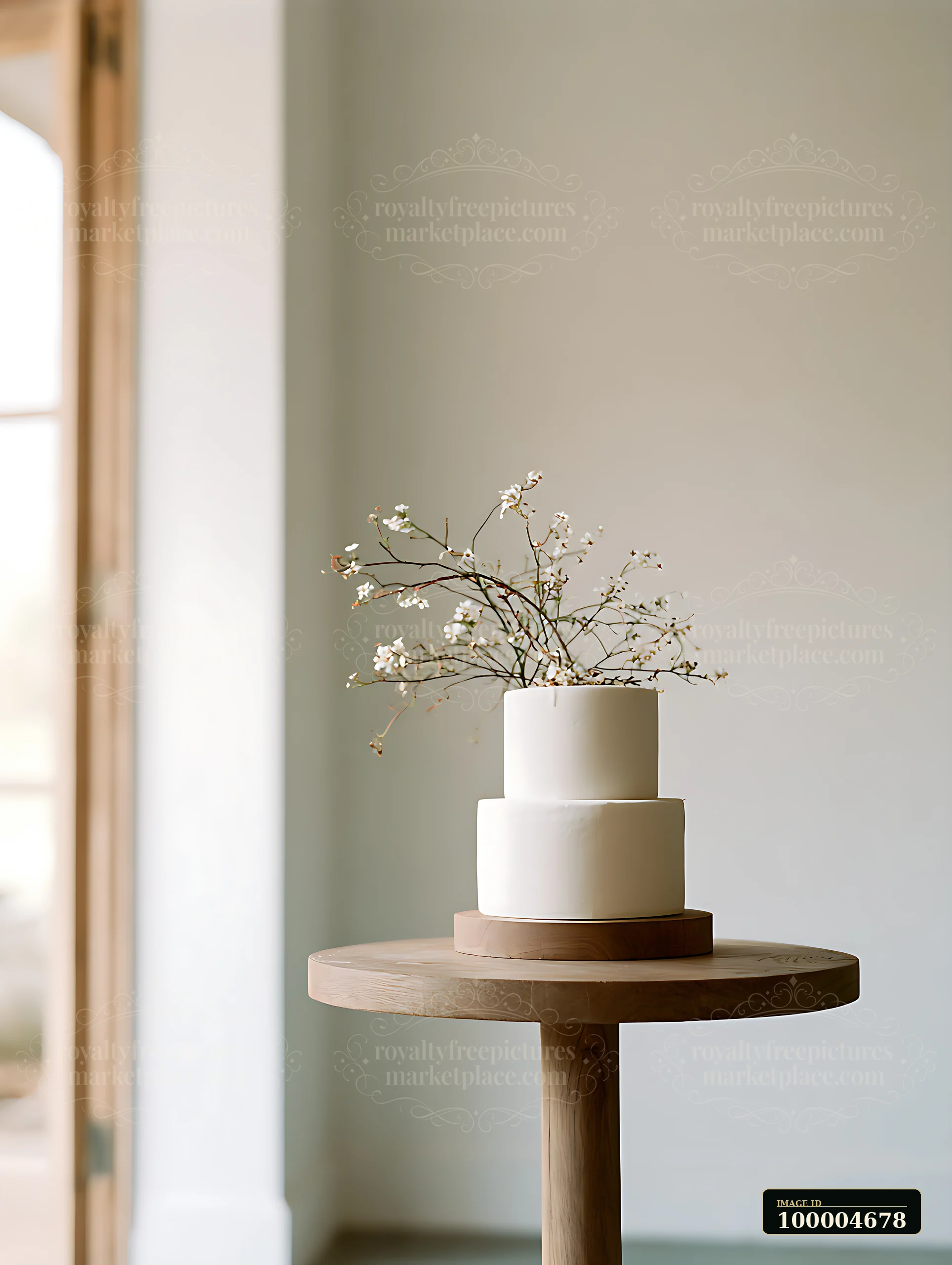 A minimalist wedding cake sits on a wooden stand, decorated with delicate branches, set against a neutral background.