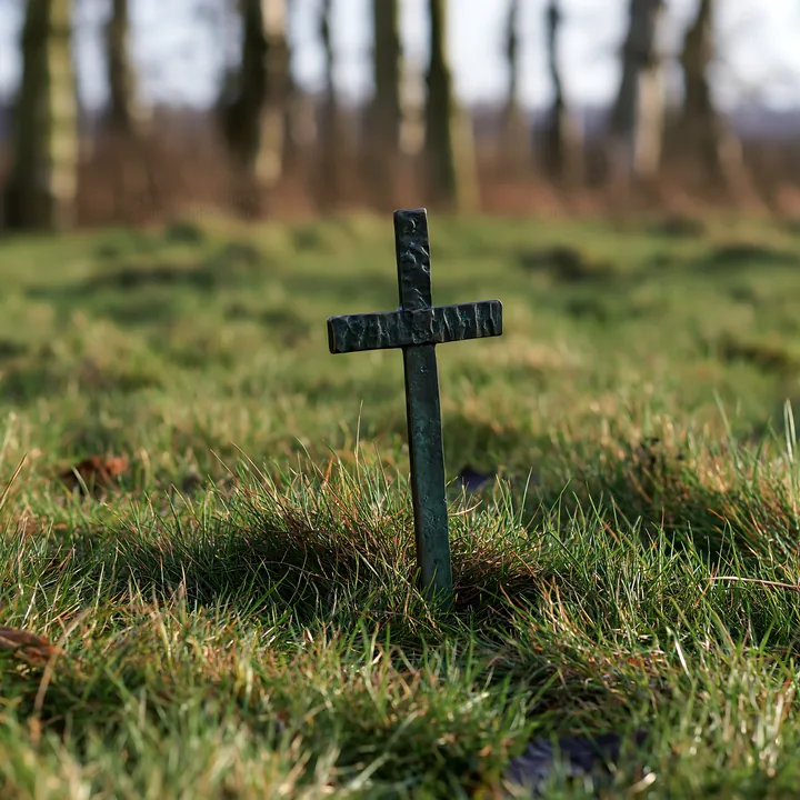Bronze Christian cross standing in Christmas meadow - AI-generated stock image