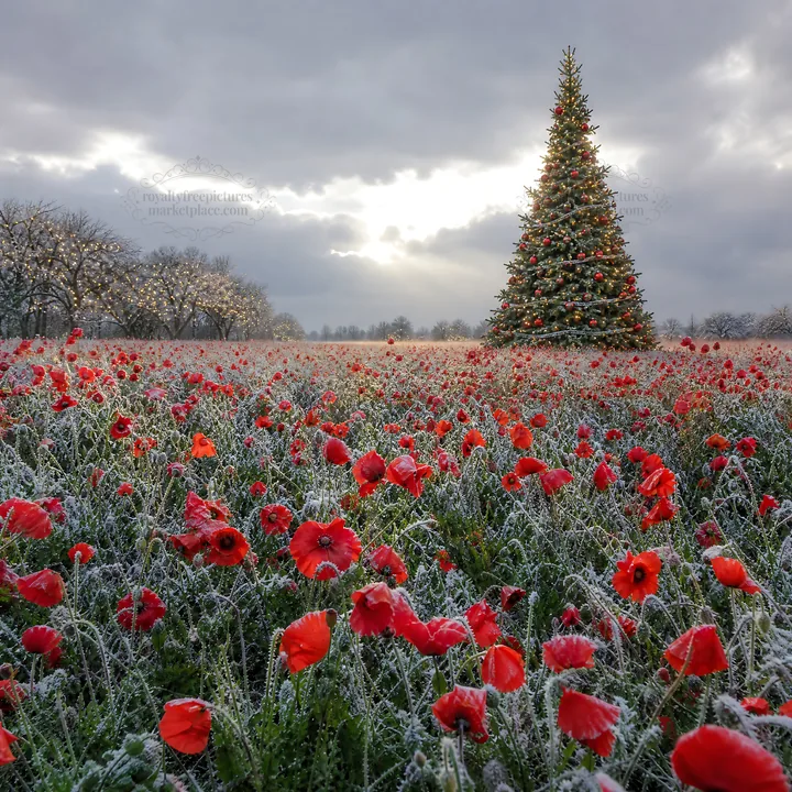 Vibrant Christmas tree in winter meadow with red flowers - AI-generated stock image