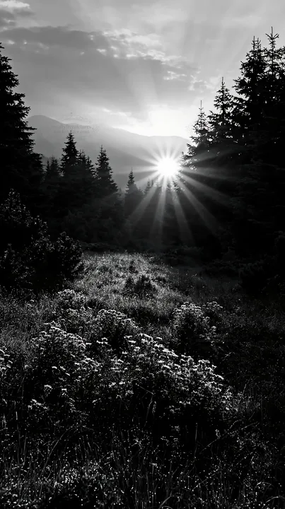 Black and white bucegi Mountains meadow light rays with sun and trees - AI-generated stock image