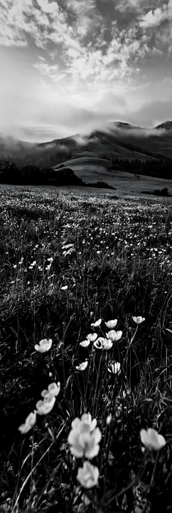 Meadow with flowers in Carpathian valley under the cloudy sky - AI-generated stock image