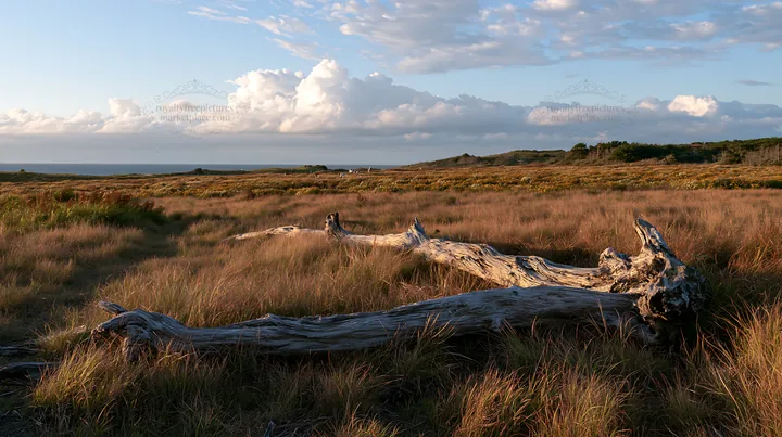 Chiba coastal climate meadow driftwood in foreground - AI-generated stock image