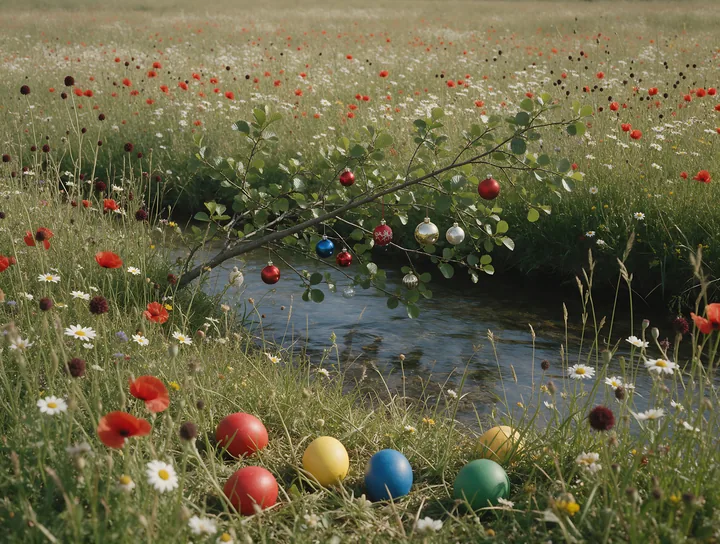 Christmas ornaments above stream in meadow with flowers - AI-generated stock image