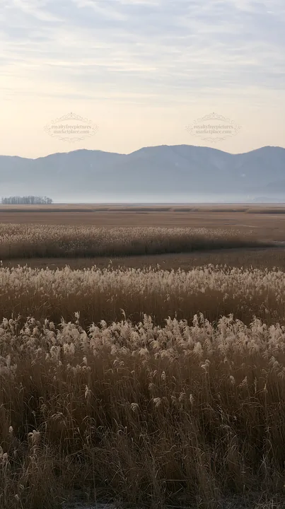 Shiga wetland meadow with reeds during clear weather - AI-generated stock image
