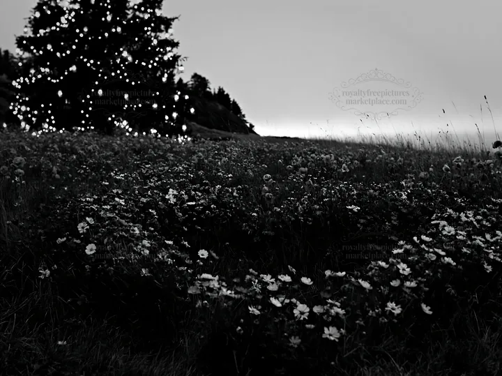 Christmas tree with lanterns in meadow by cave - AI-generated stock image
