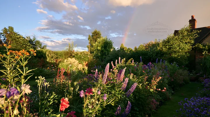 Cottage garden after storm with flowers and rainbow - AI-generated stock image