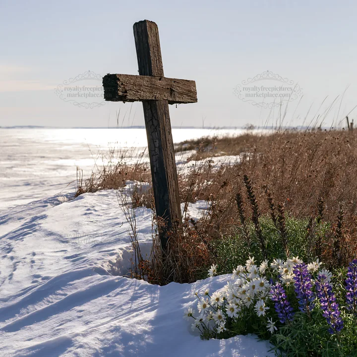 Weathered Christian cross in snowy meadow with wildflowers - AI-generated stock image