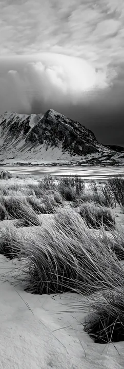Snowy lakeside meadow with mountains in the background - AI-generated stock image