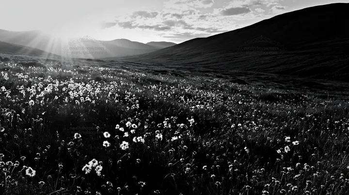 Black and white crepuscular rays meadow with flowers and mountains in the background - AI-generated stock image