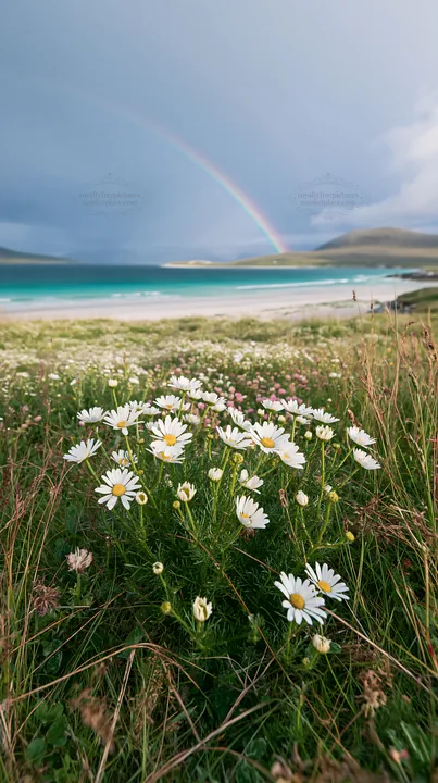 Chamomile meadow for wellness campaign with a rainbow in background - AI-generated stock image