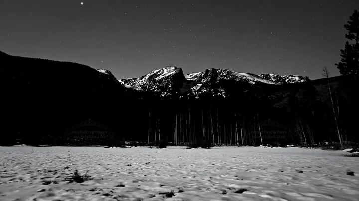 Snowy Rocky Mountain Park meadow under night sky - AI-generated stock image