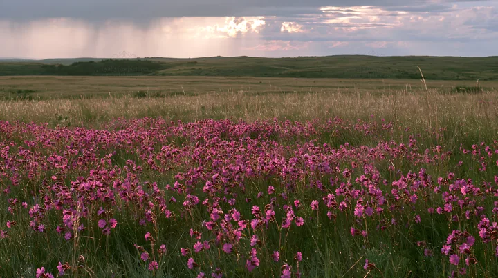 Silver dew meadow with blooming flowers under cloudy sky - AI-generated stock image