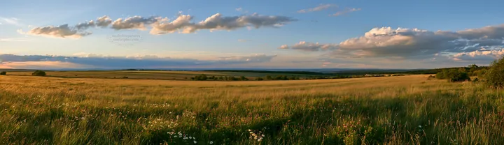 German foothill meadow at sunset with rolling hills and clouds - AI-generated stock image