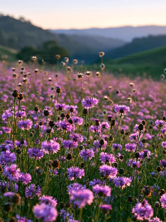 Violet knapweed meadow under the sunset in spring - AI-generated stock image