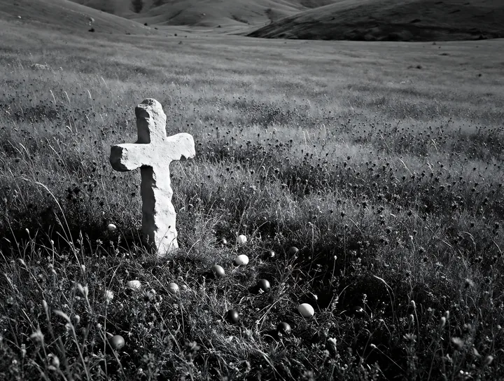 Aged Christian cross in a valley meadow during autumn - AI-generated stock image