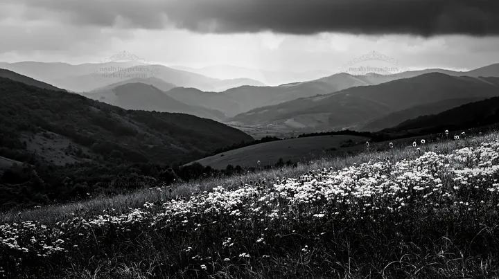 Slovak meadow in the Carpathian valley with distant mountains - AI-generated stock image