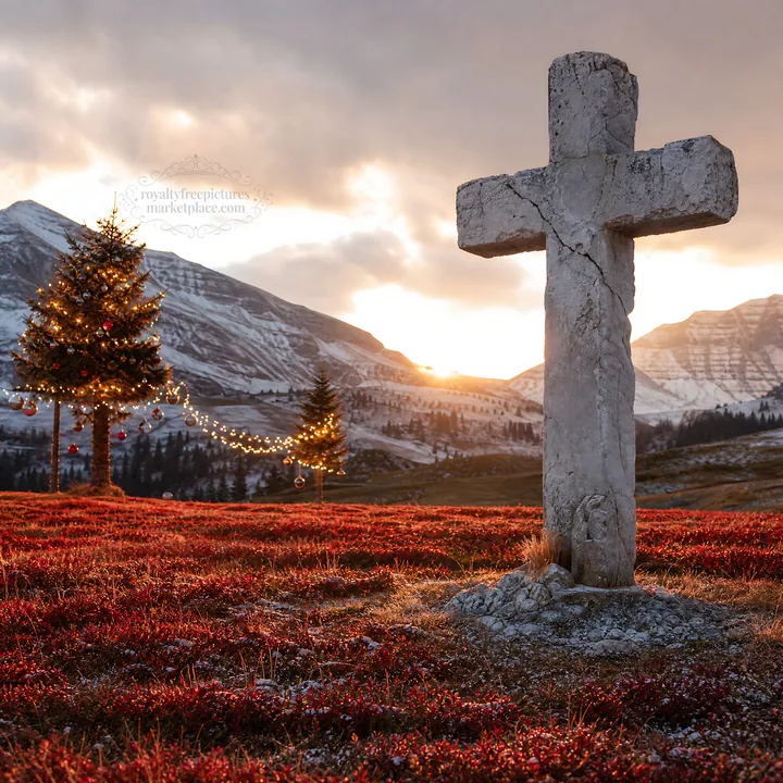 Christian cross in winter mountain meadow at sunset - AI-generated stock image
