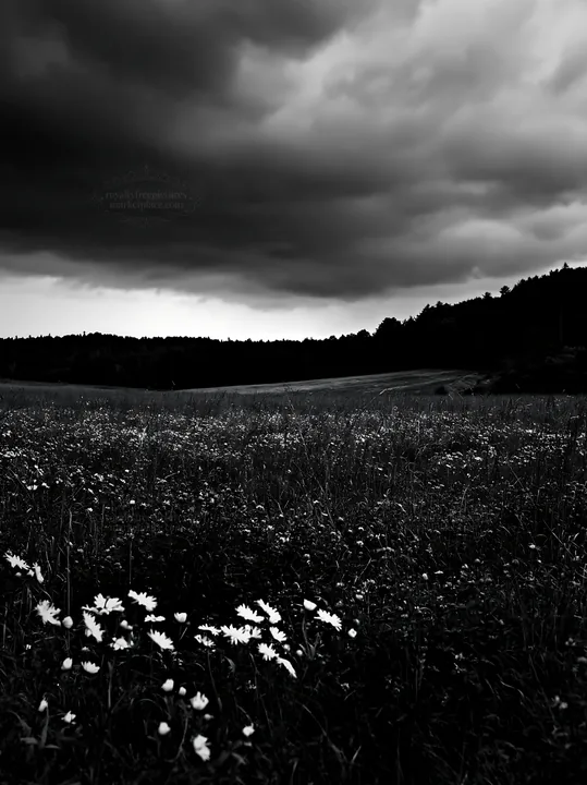 Clover meadow under dark clouds - AI-generated stock image