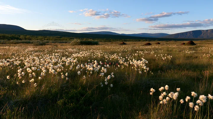 Cottongrass meadow glow at sunset with distant mountains - AI-generated stock image