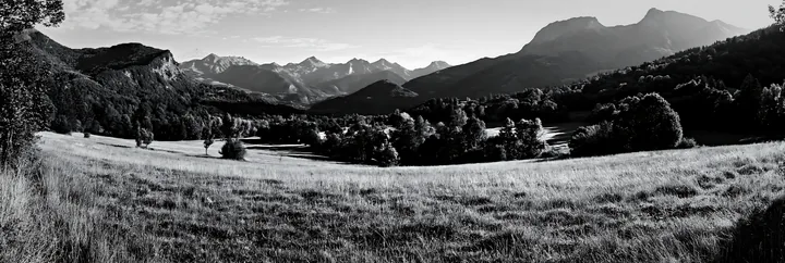 Black and white french meadow below Pyrenees range during daylight - AI-generated stock image