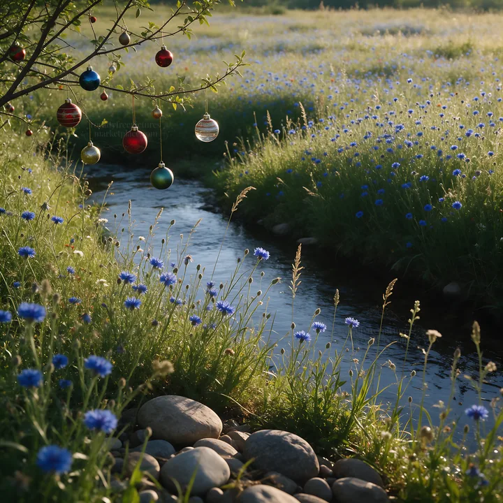 Christmas ornaments above stream in meadow - AI-generated stock image