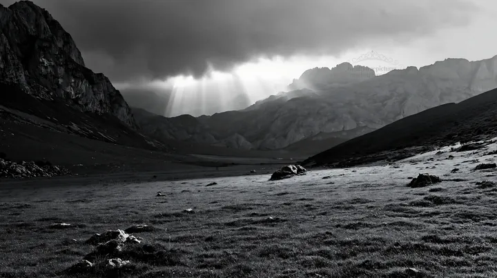 Picos de Europa meadow with sunrays shining through clouds - AI-generated stock image
