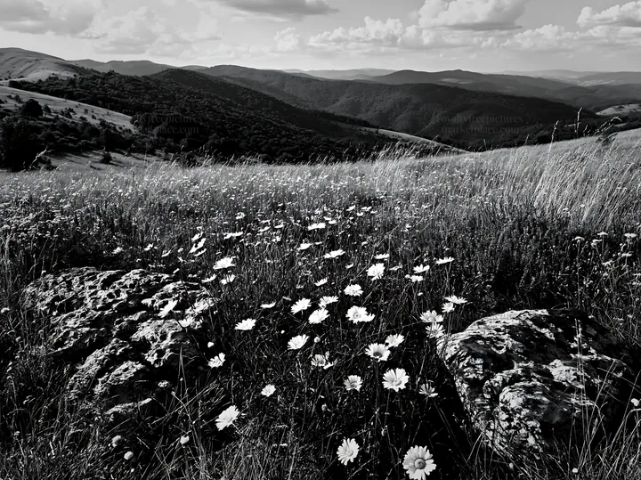 Meadow with boulders and wildflowers on a hillside - AI-generated stock image