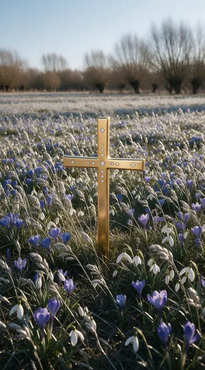 Christian cross in winter meadow with low sunlight - AI-generated stock image