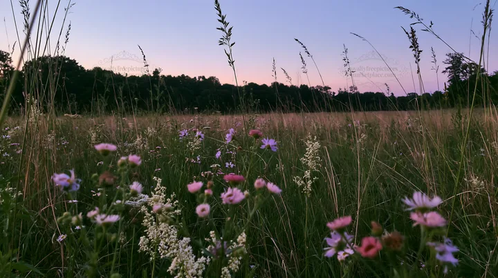 Tall grass meadow with wildflowers during sunset - AI-generated stock image