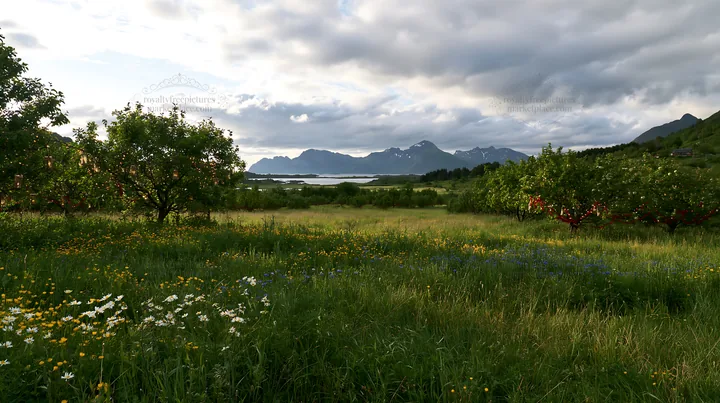 Christmas apple tree meadow in Lofoten with lanterns - AI-generated stock image
