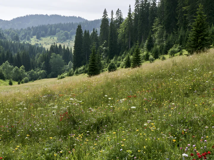 Regenerative meadow with wildflowers and surrounding forests - AI-generated stock image