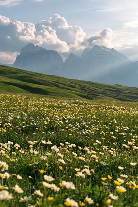 Alpe di Siusi meadow with sunbeams and mountain backdrop - AI-generated stock image