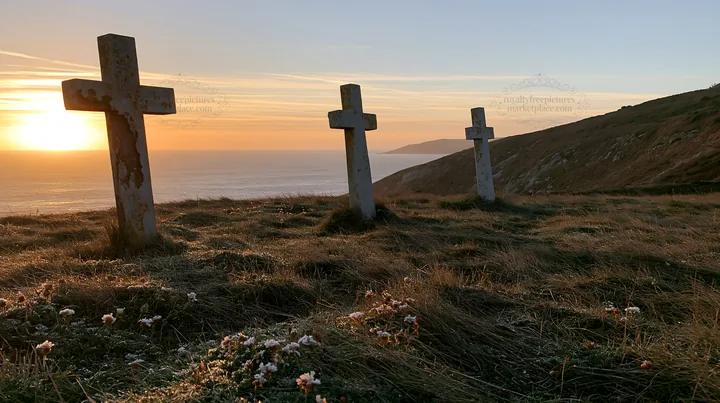 Three Christian crosses in a meadow at sunrise - AI-generated stock image
