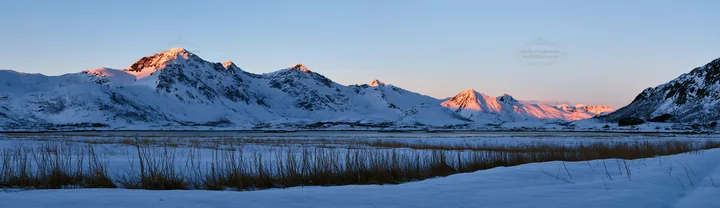 Lofoten coastal meadow winter snow landscape at sunset - AI-generated stock image