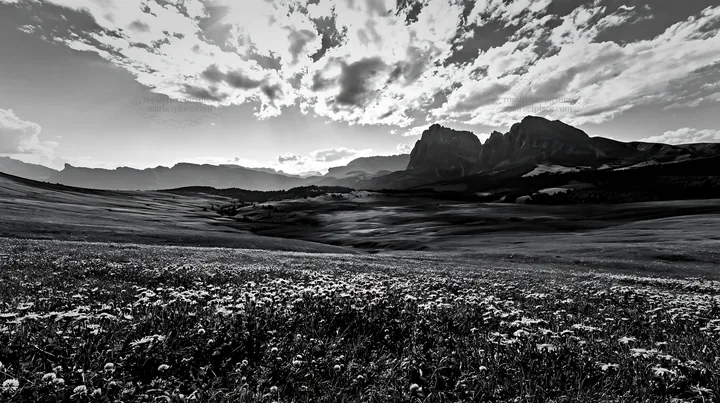 Sunbeams shine on Alpe di Siusi meadow with flowers and mountains - AI-generated stock image