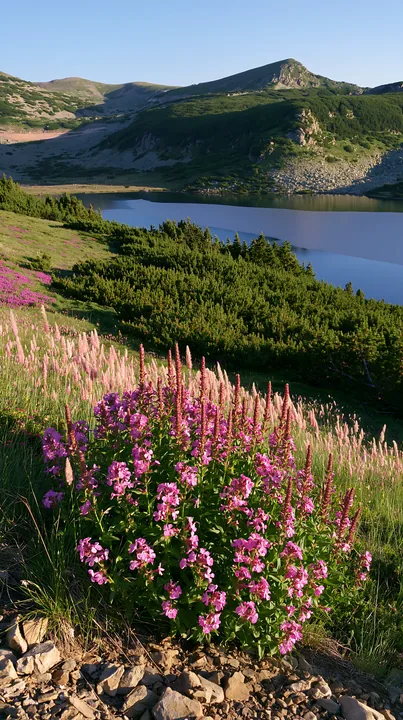 Celestial meadow lake with blooming flowers in foreground - AI-generated stock image