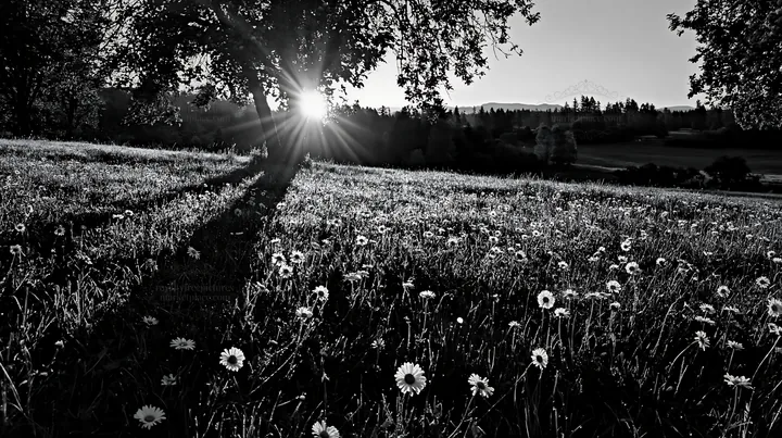 Daisy flowers under tree in meadow at dawn - AI-generated stock image