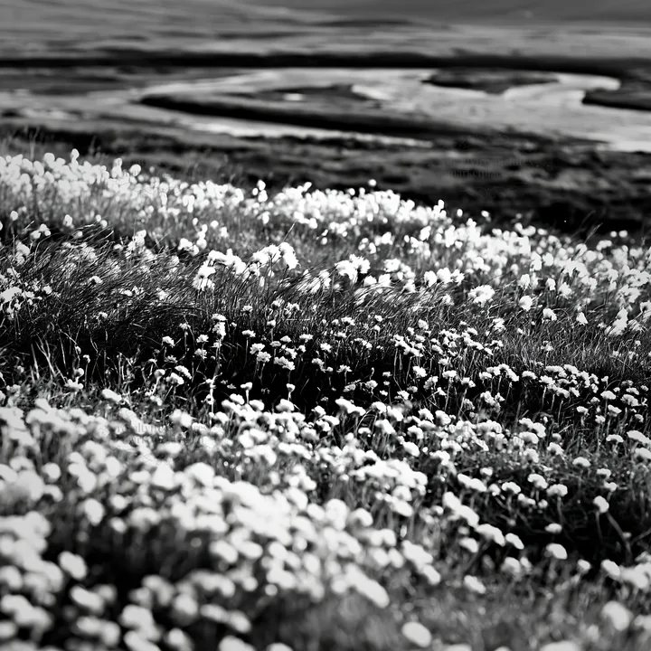 Meadow filled with white flowers in black and white view - AI-generated stock image