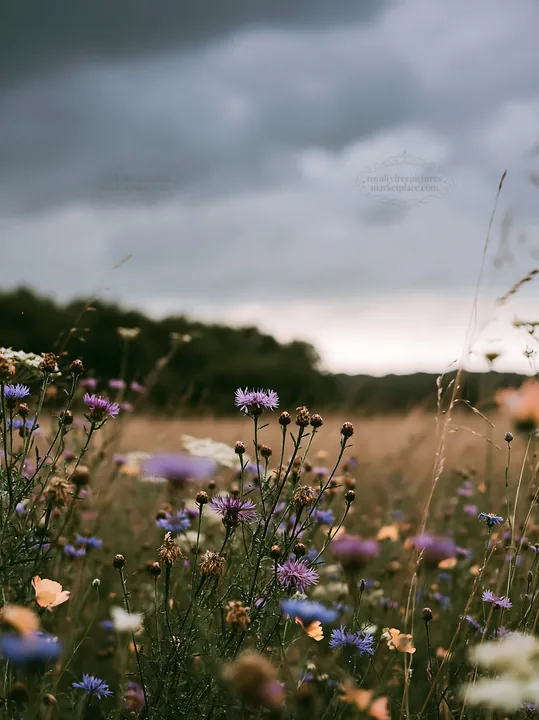 Knapweed blooms in a meadow under a cloudy sky - AI-generated stock image