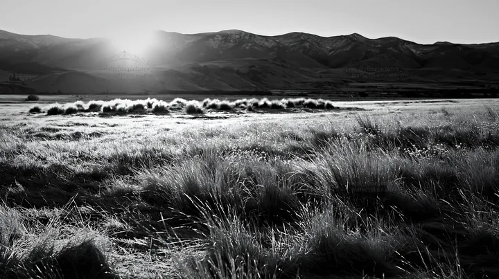 Frosty meadow at sunrise with distant mountains - AI-generated stock image