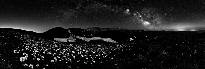 Black and white starlit meadow with flowers under a night sky - AI-generated stock image