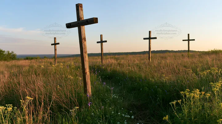 Four wooden crosses in a meadow during the day - AI-generated stock image